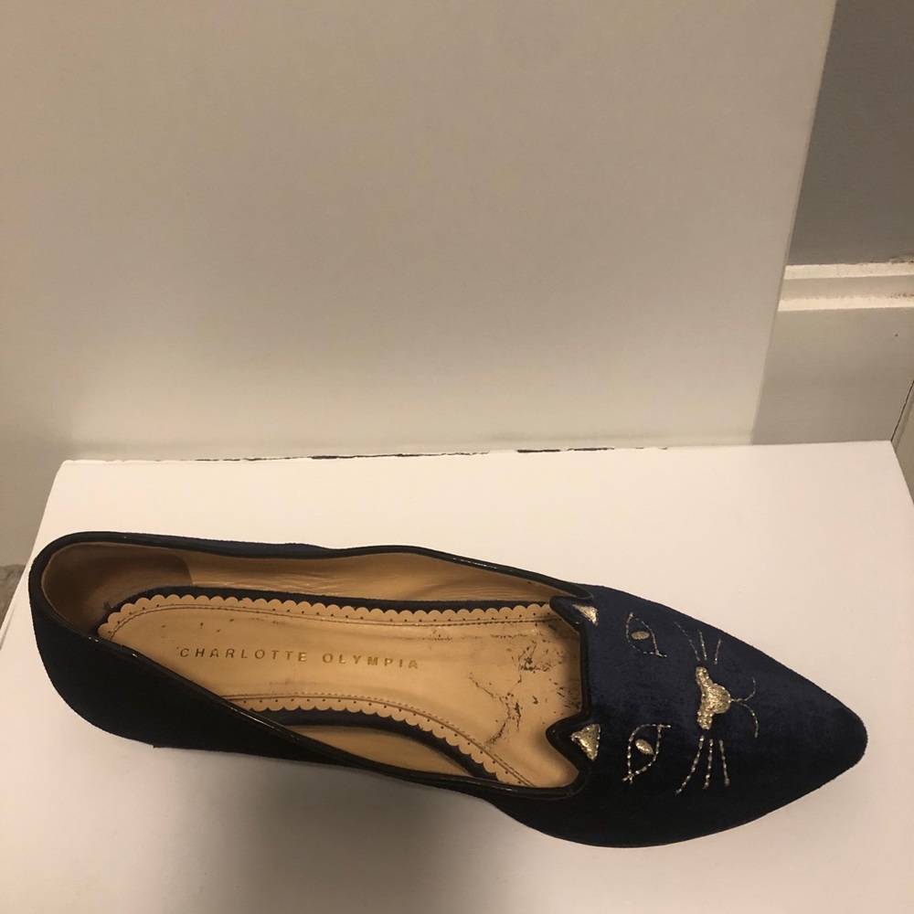 Charlotte Olympia navy velvet meow flat